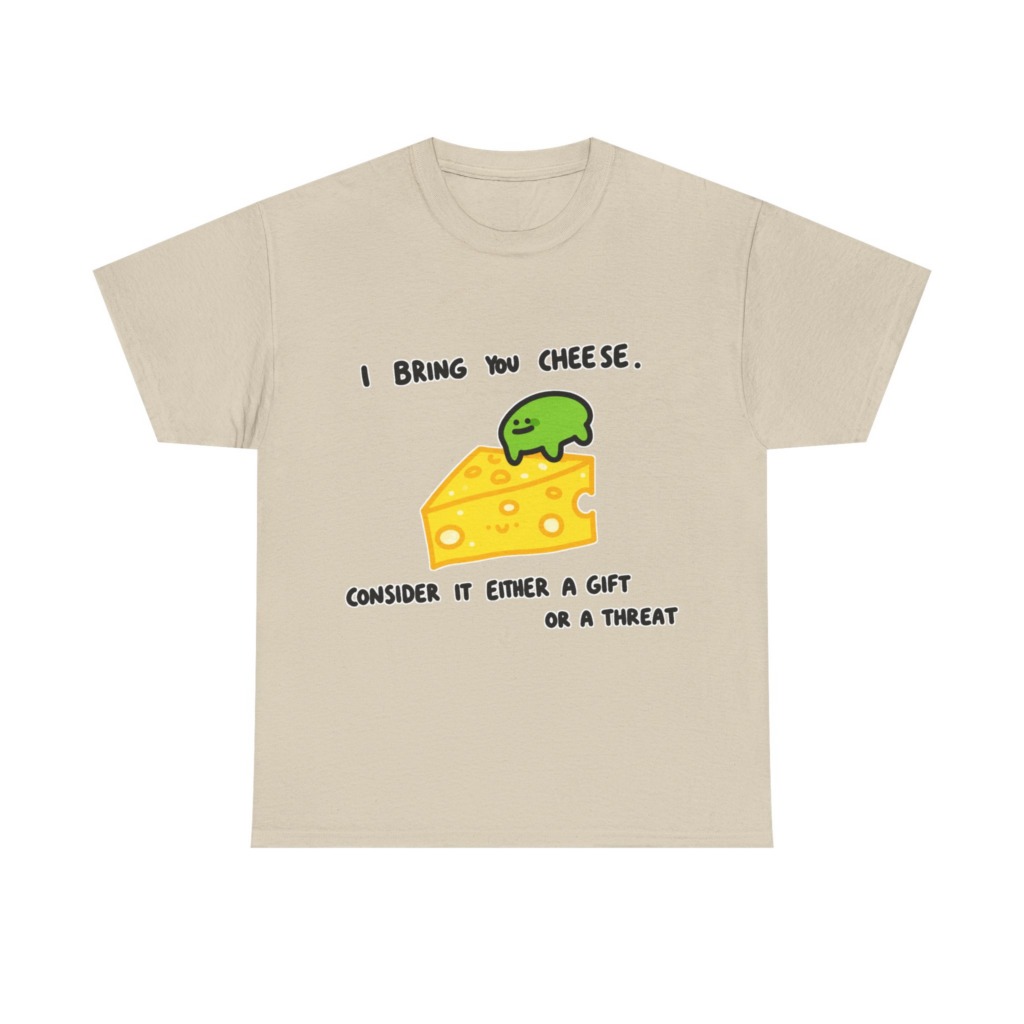 T-Shirt with Green Blob & Cheese 'Gift or Threat' Graphic