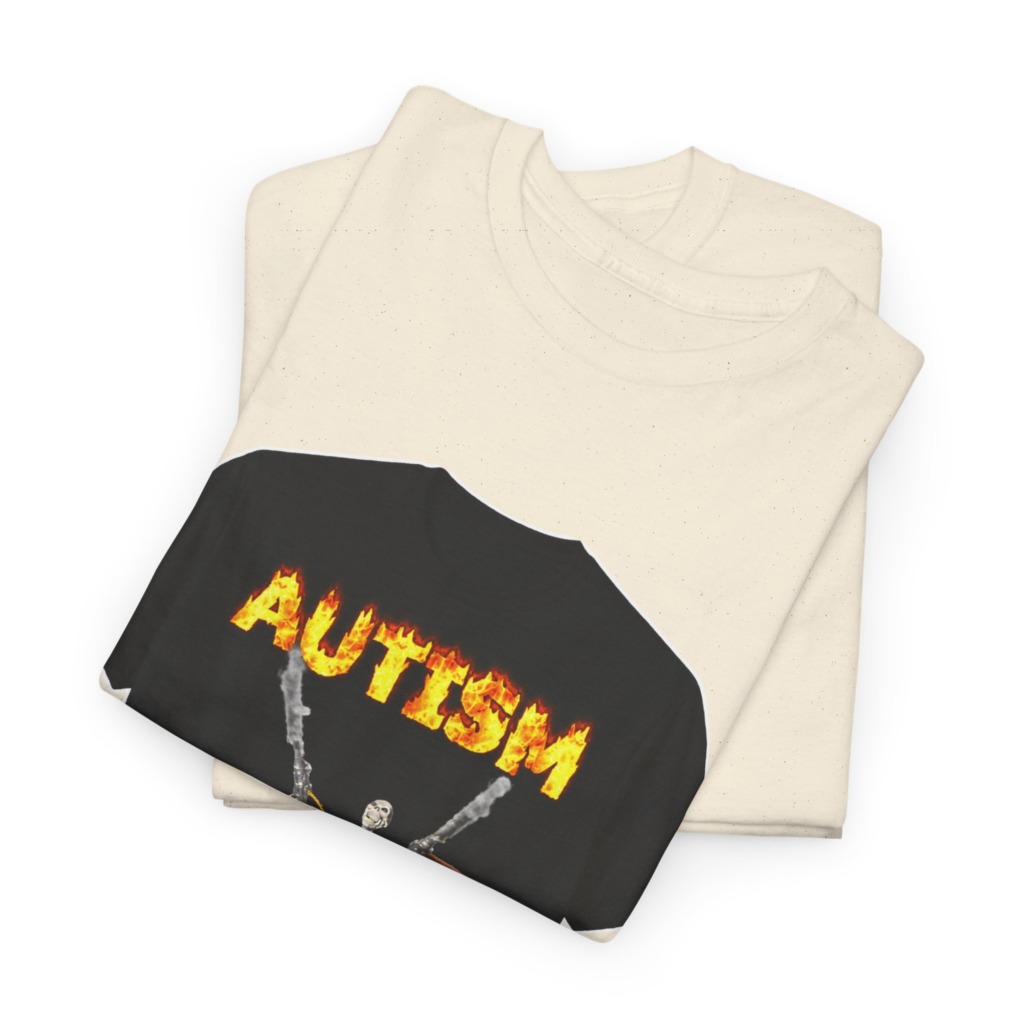 Black T-Shirt with Flaming Autism Text & Skeleton Guns