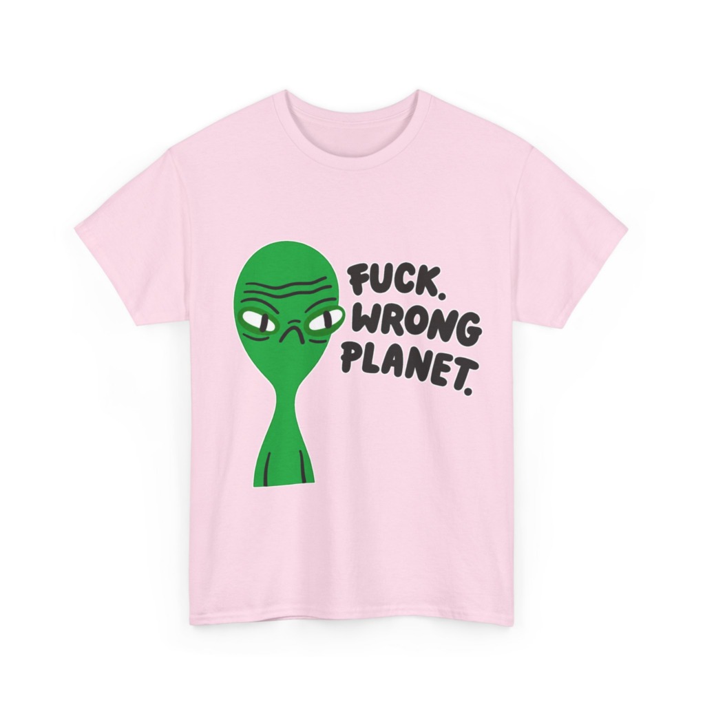 T-Shirt: Grumpy Green Alien 'Wrong Planet' Graphic Print