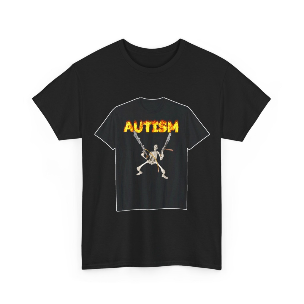 Black T-Shirt with Flaming Autism Text & Skeleton Guns