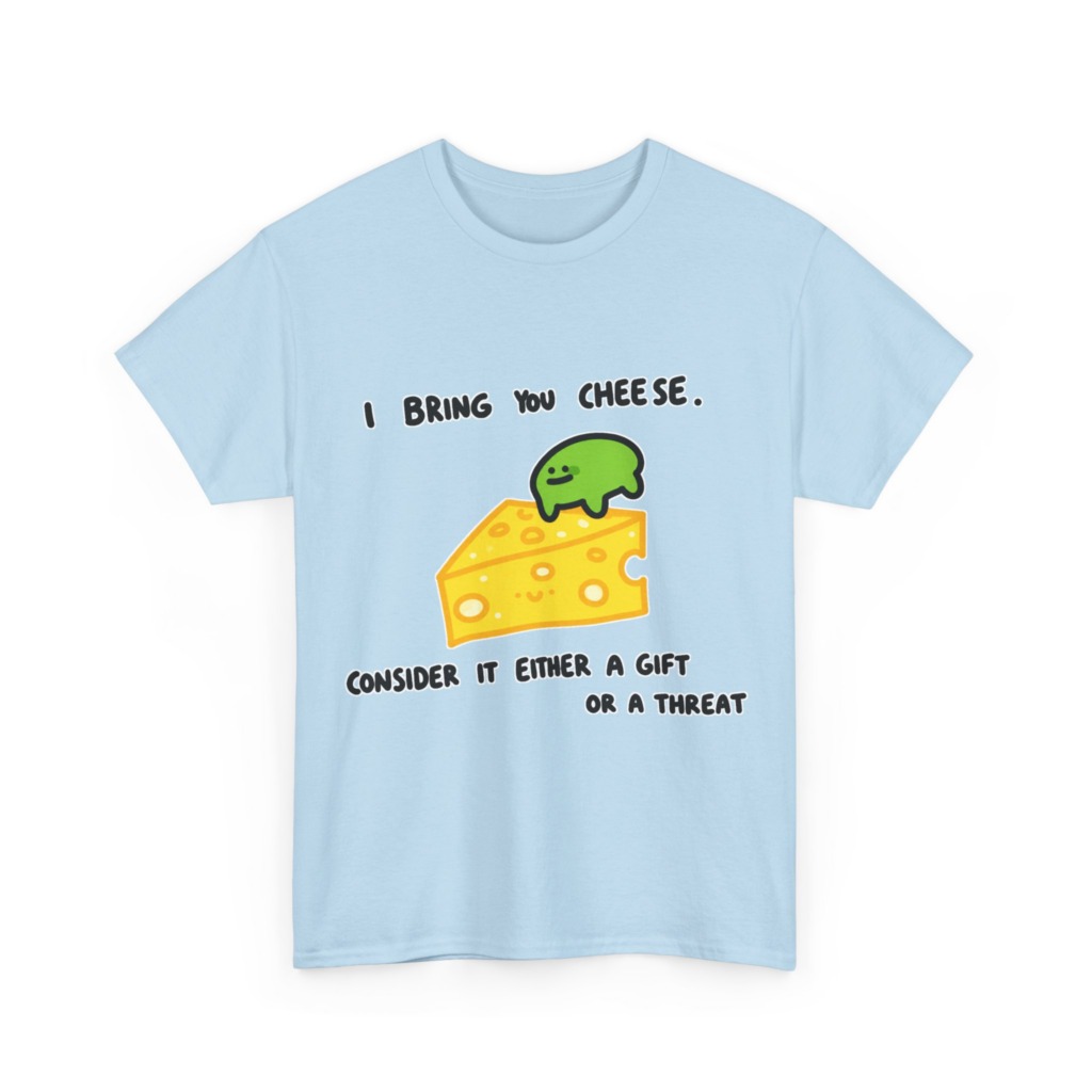 T-Shirt with Green Blob & Cheese 'Gift or Threat' Graphic