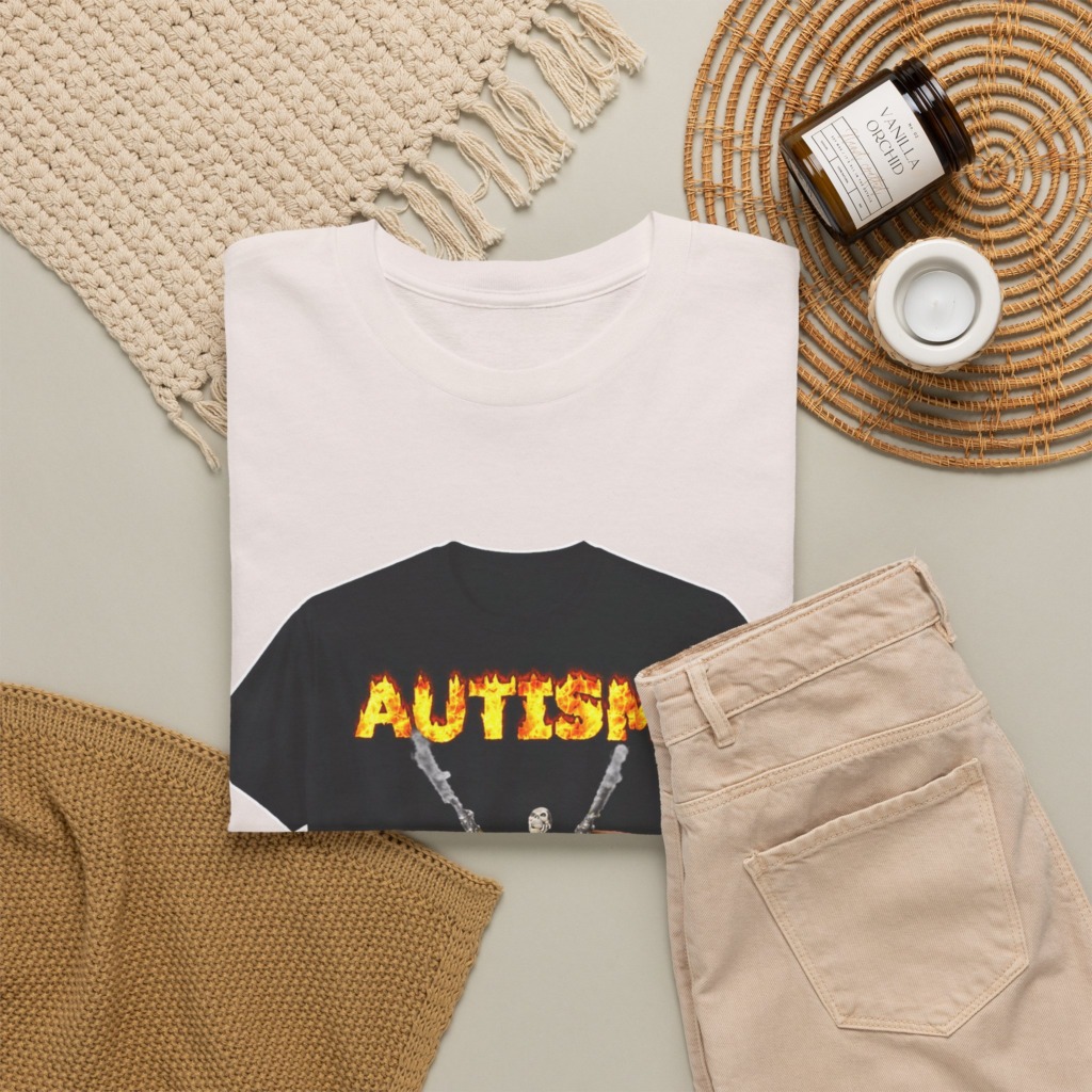 Black T-Shirt with Flaming Autism Text & Skeleton Guns