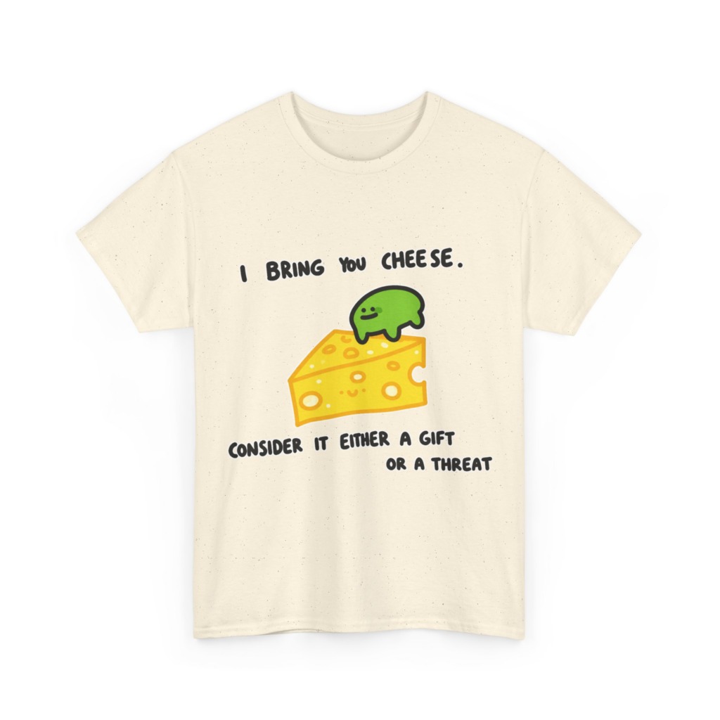 T-Shirt with Green Blob & Cheese 'Gift or Threat' Graphic