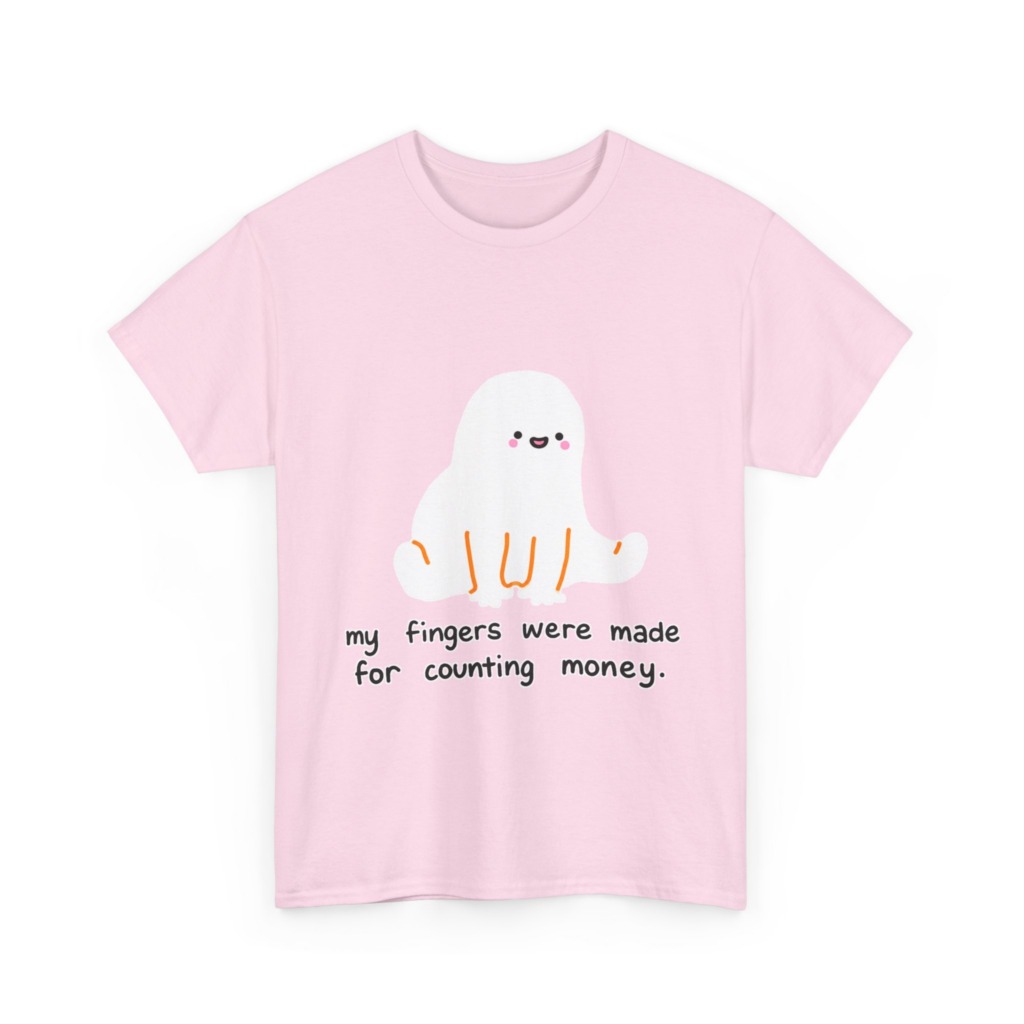 White T-Shirt with 'Counting Money Ghost' Graphic