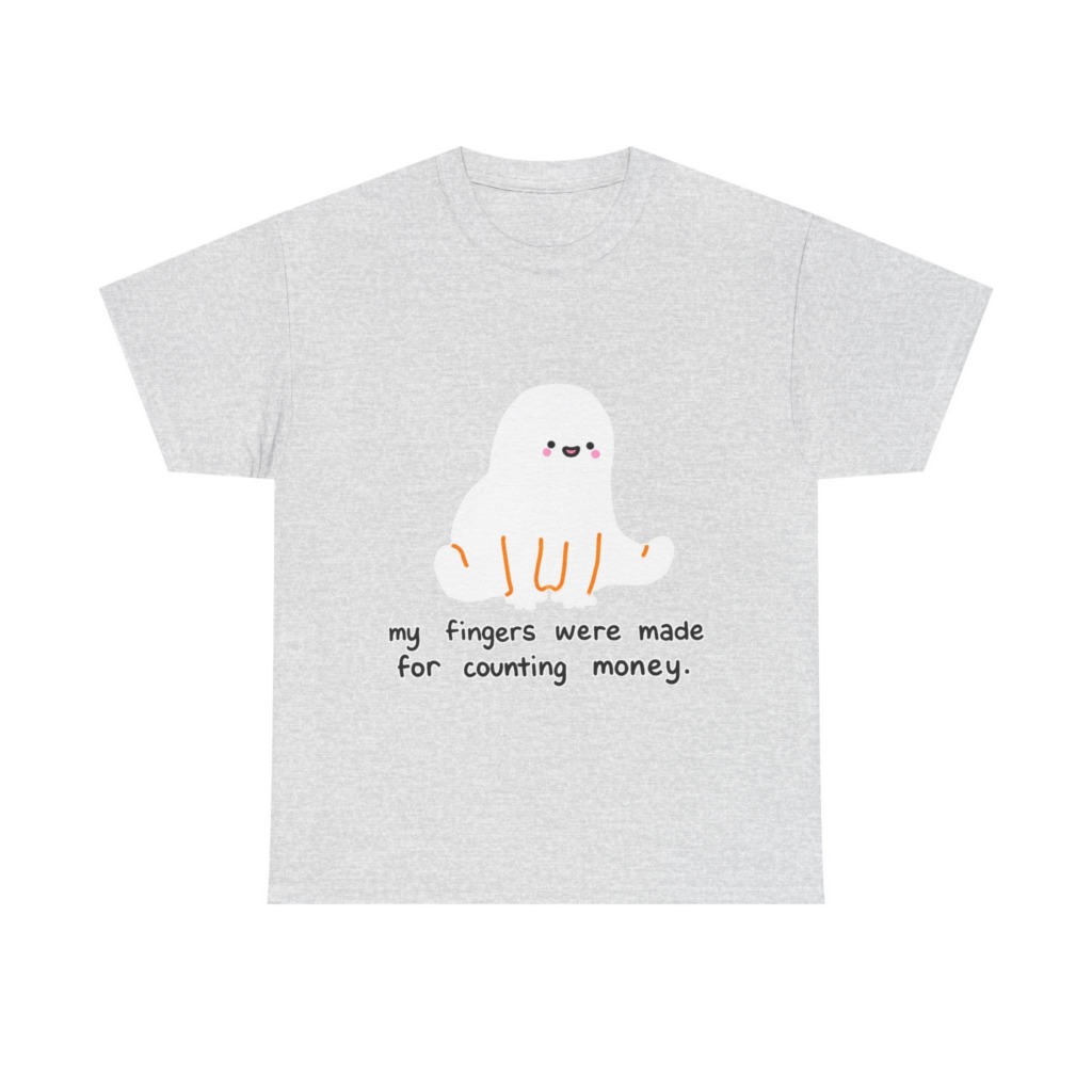 White T-Shirt with 'Counting Money Ghost' Graphic