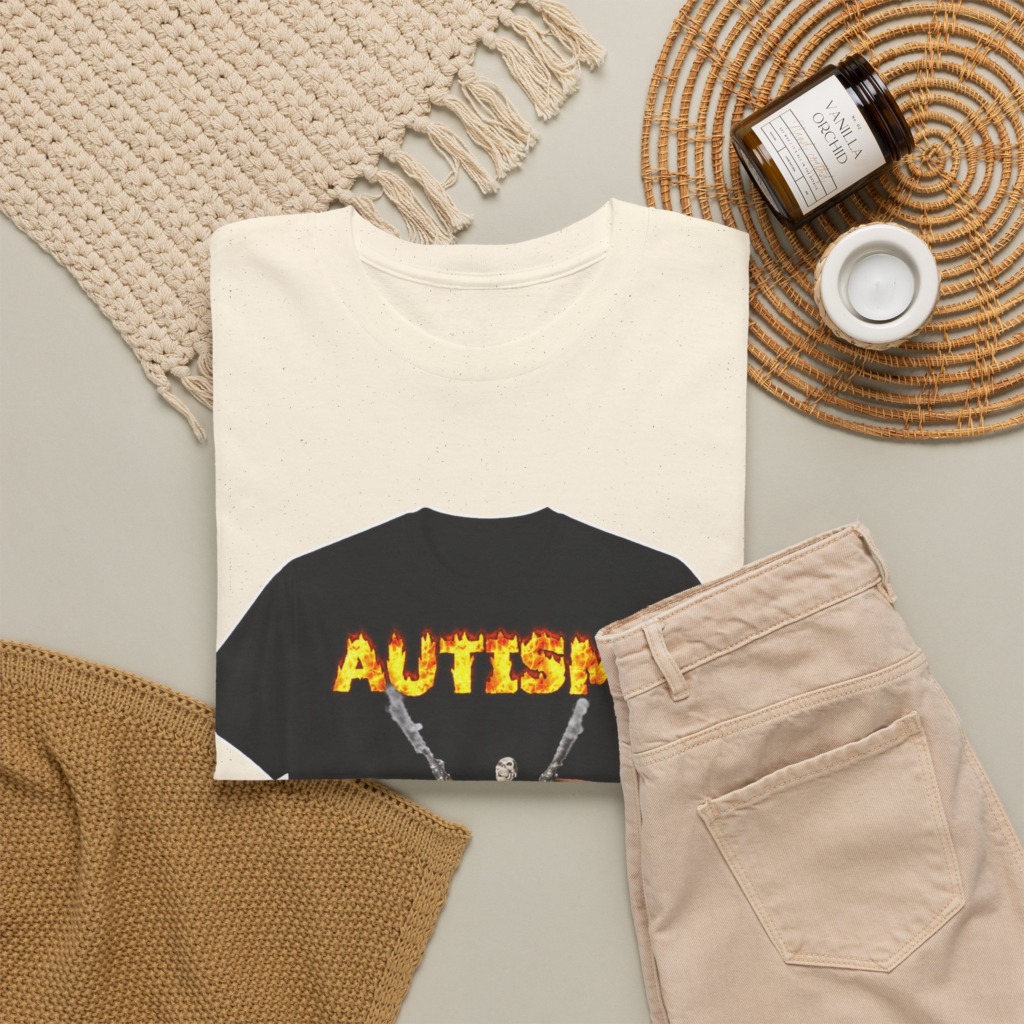 Black T-Shirt with Flaming Autism Text & Skeleton Guns