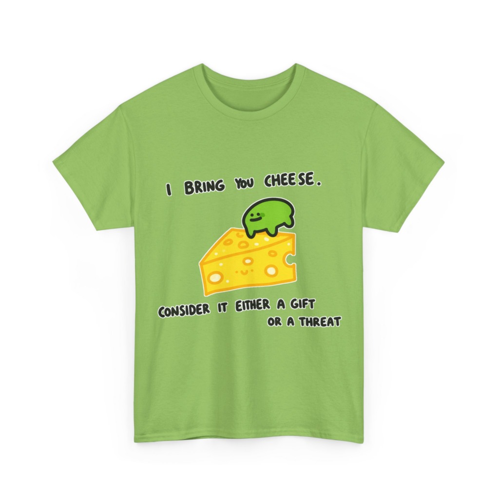 T-Shirt with Green Blob & Cheese 'Gift or Threat' Graphic