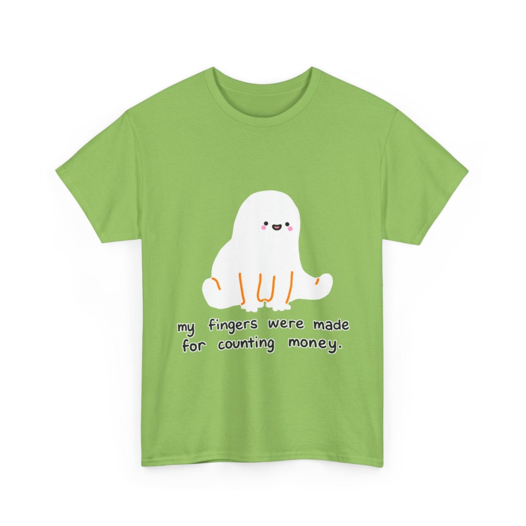 White T-Shirt with 'Counting Money Ghost' Graphic