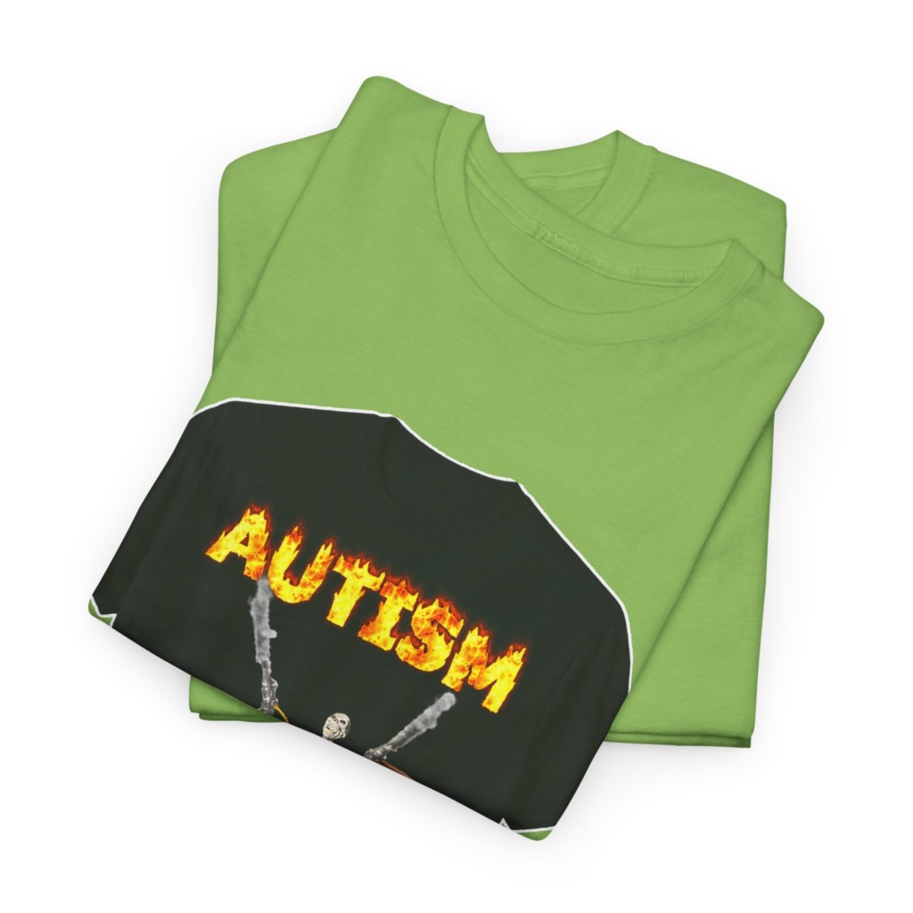 Black T-Shirt with Flaming Autism Text & Skeleton Guns