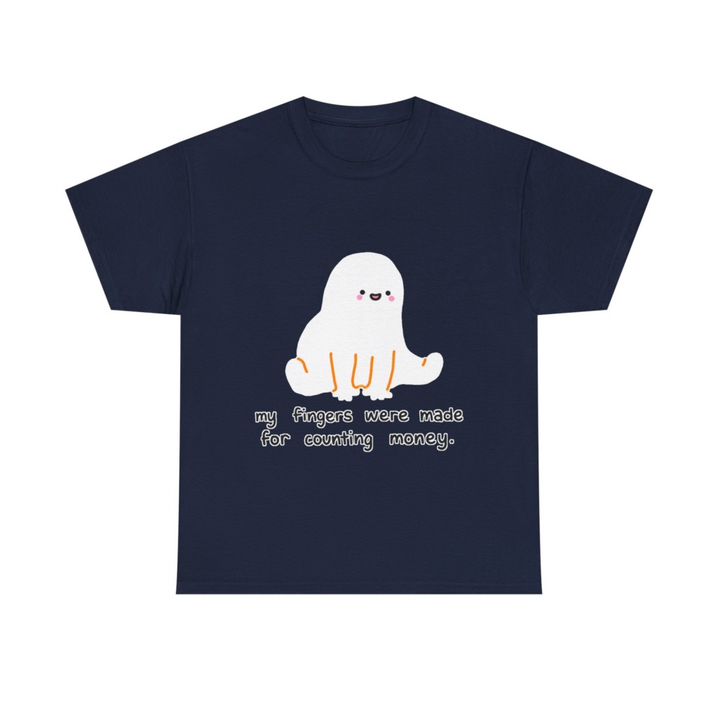 White T-Shirt with 'Counting Money Ghost' Graphic