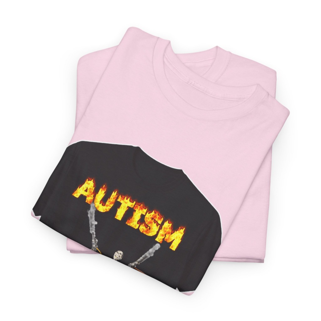Black T-Shirt with Flaming Autism Text & Skeleton Guns