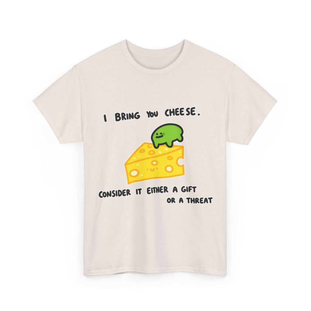 T-Shirt with Green Blob & Cheese 'Gift or Threat' Graphic