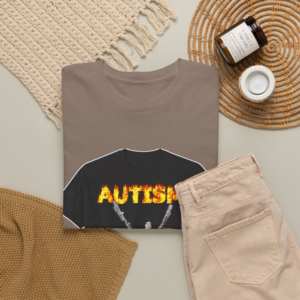 Black T-Shirt with Flaming Autism Text & Skeleton Guns