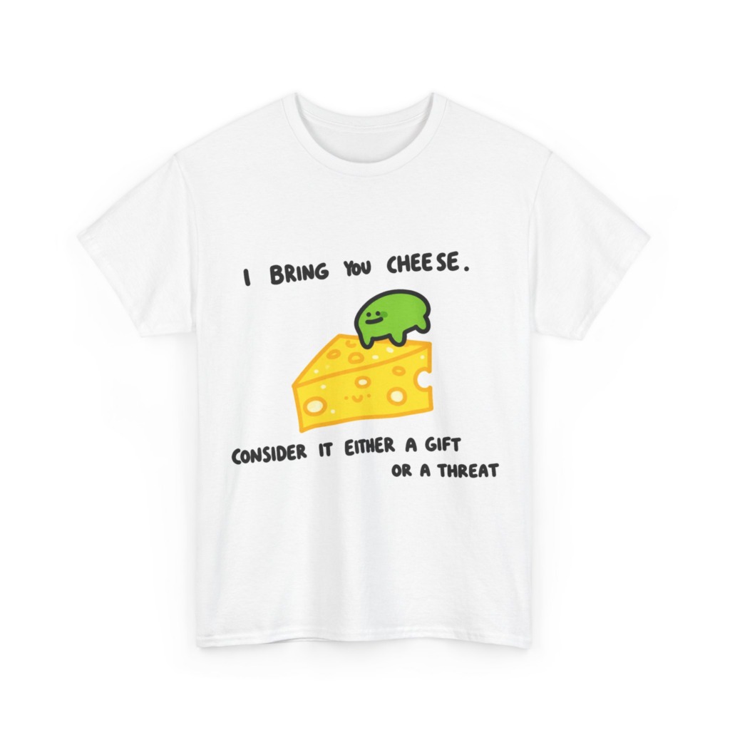 T-Shirt with Green Blob & Cheese 'Gift or Threat' Graphic