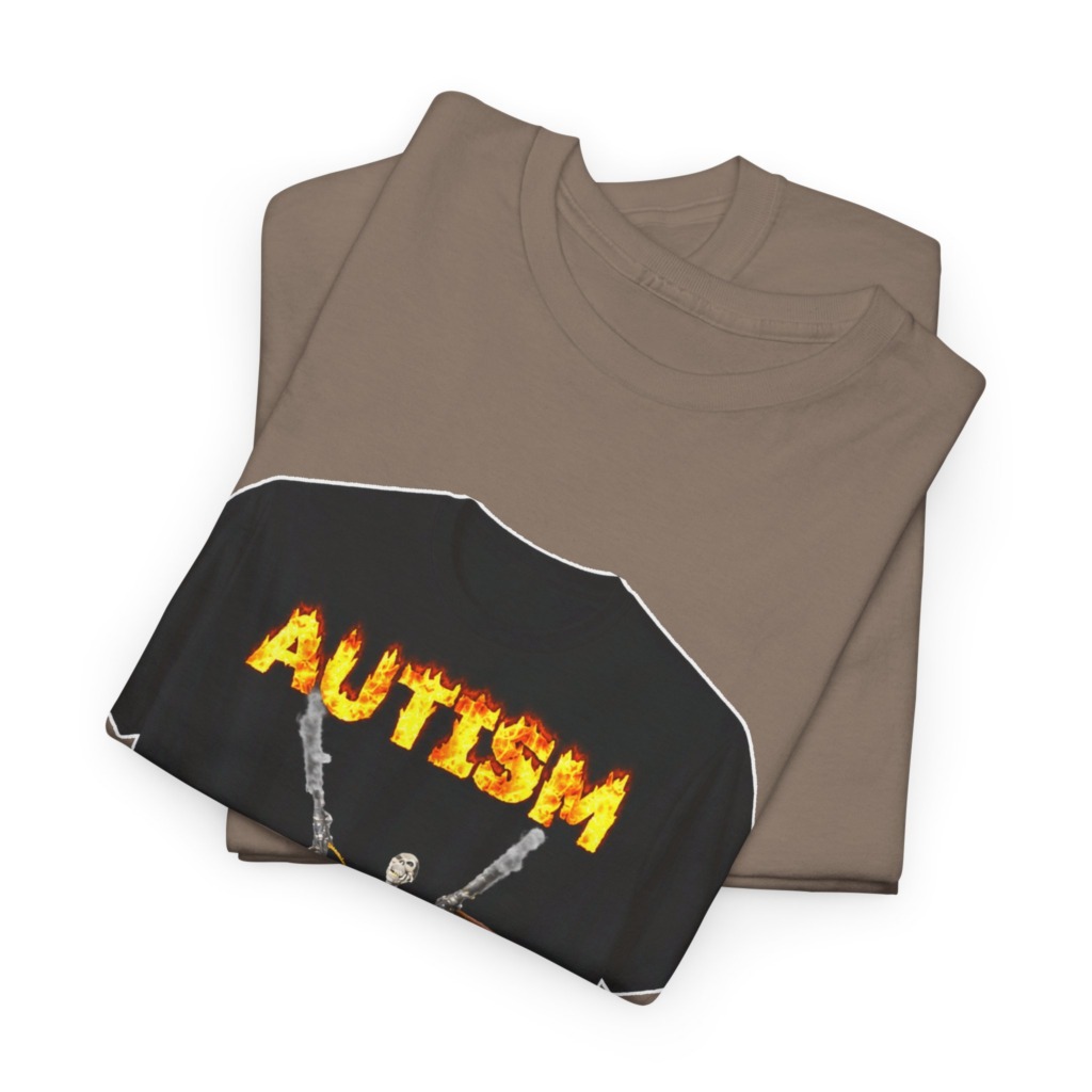 Black T-Shirt with Flaming Autism Text & Skeleton Guns