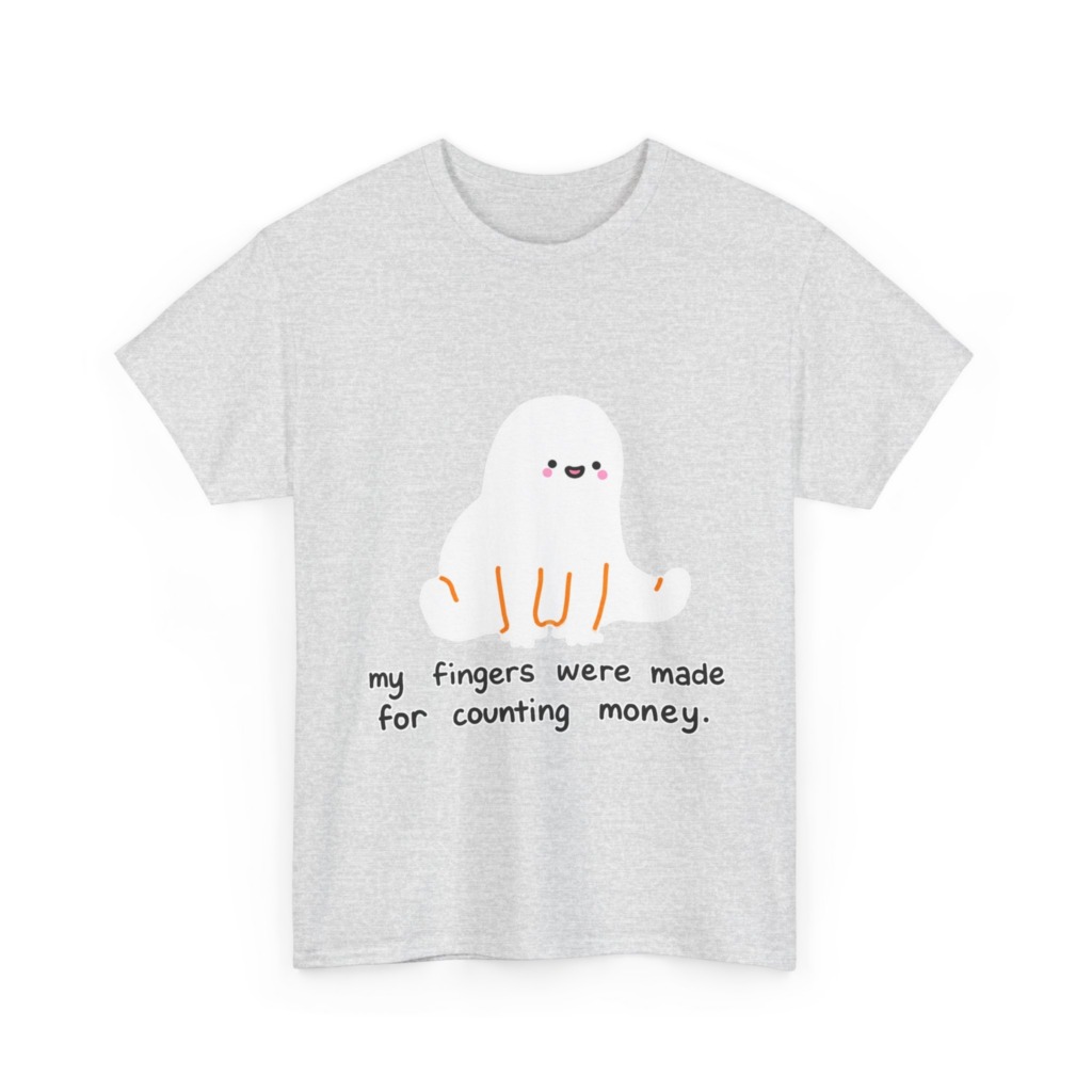 White T-Shirt with 'Counting Money Ghost' Graphic