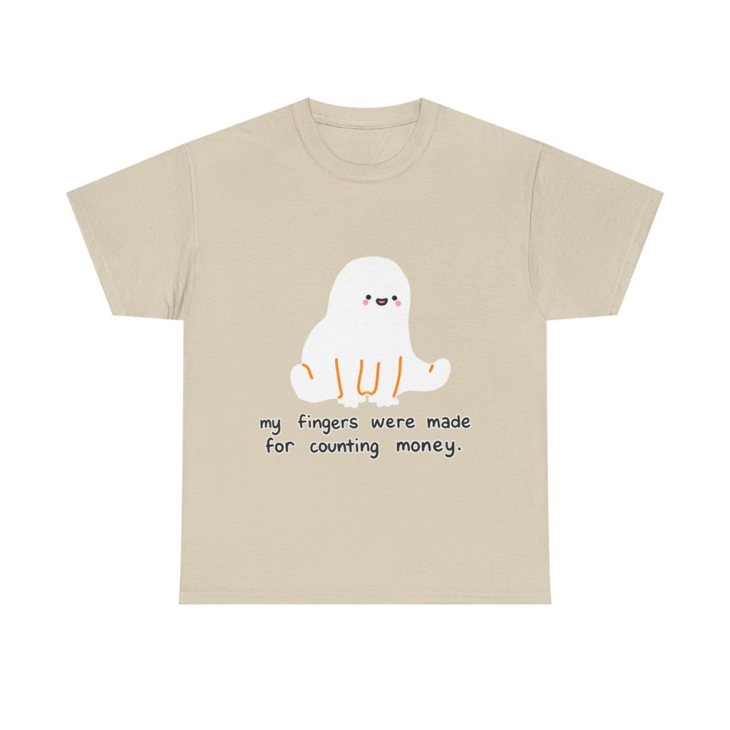 White T-Shirt with 'Counting Money Ghost' Graphic