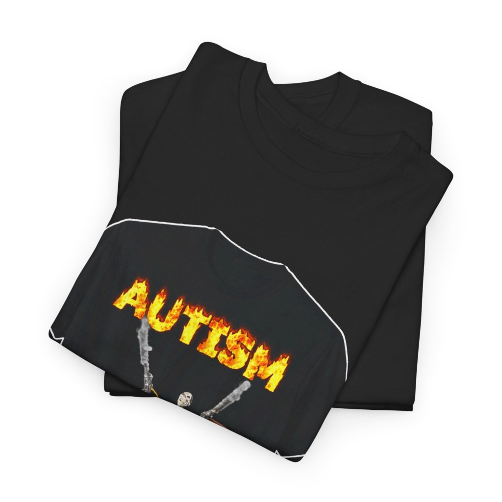 Black T-Shirt with Flaming Autism Text & Skeleton Guns