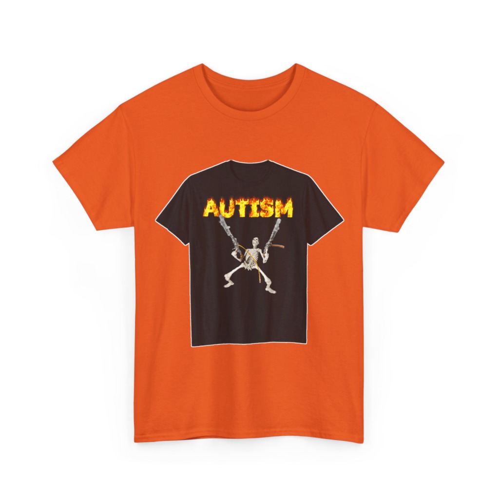 Black T-Shirt with Flaming Autism Text & Skeleton Guns