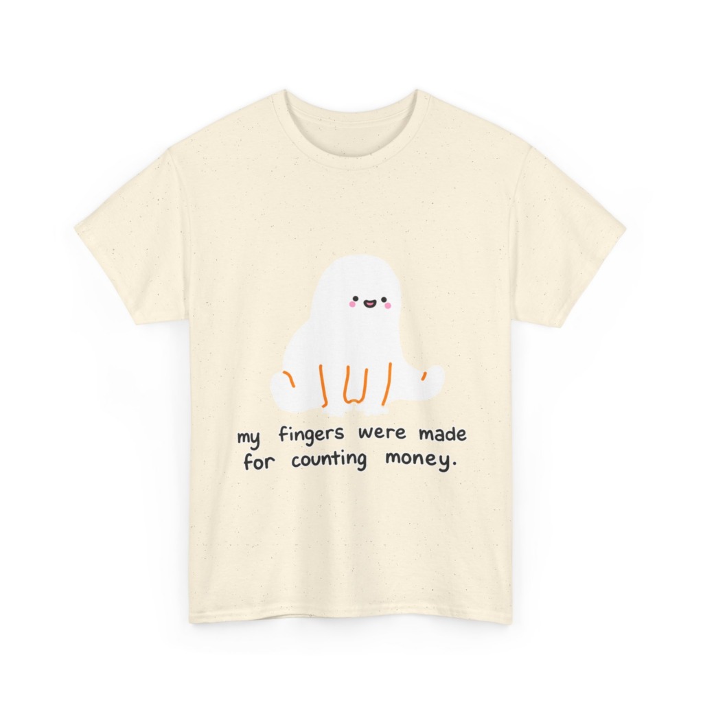 White T-Shirt with 'Counting Money Ghost' Graphic