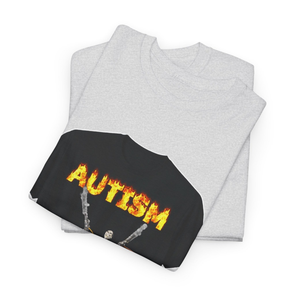 Black T-Shirt with Flaming Autism Text & Skeleton Guns
