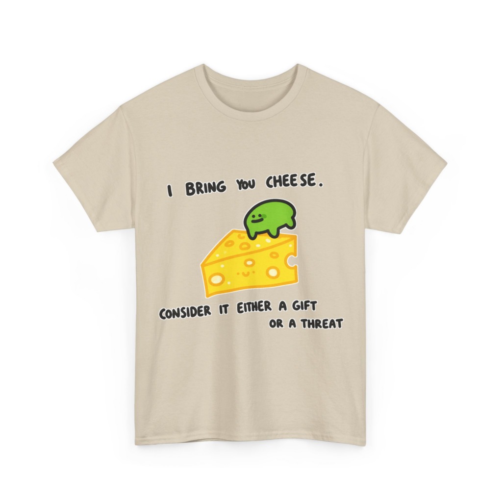 T-Shirt with Green Blob & Cheese 'Gift or Threat' Graphic