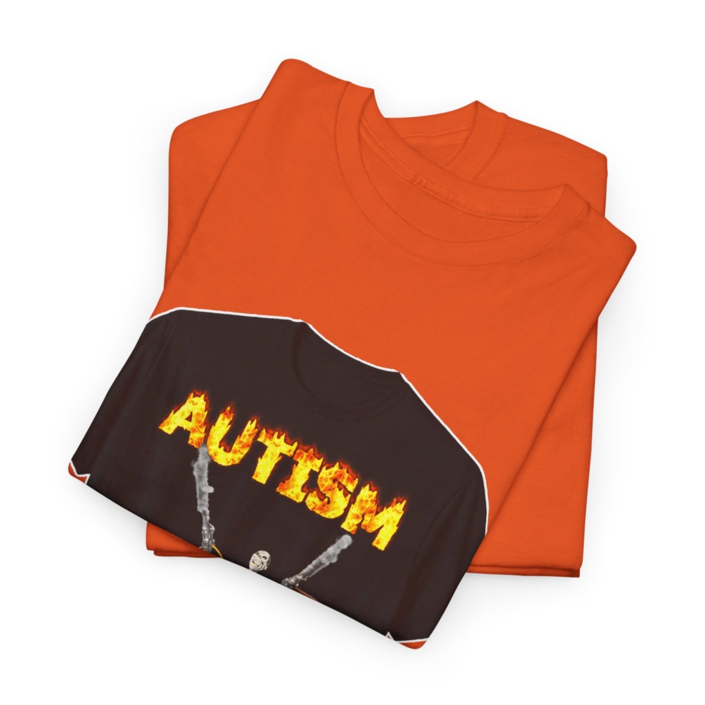 Black T-Shirt with Flaming Autism Text & Skeleton Guns
