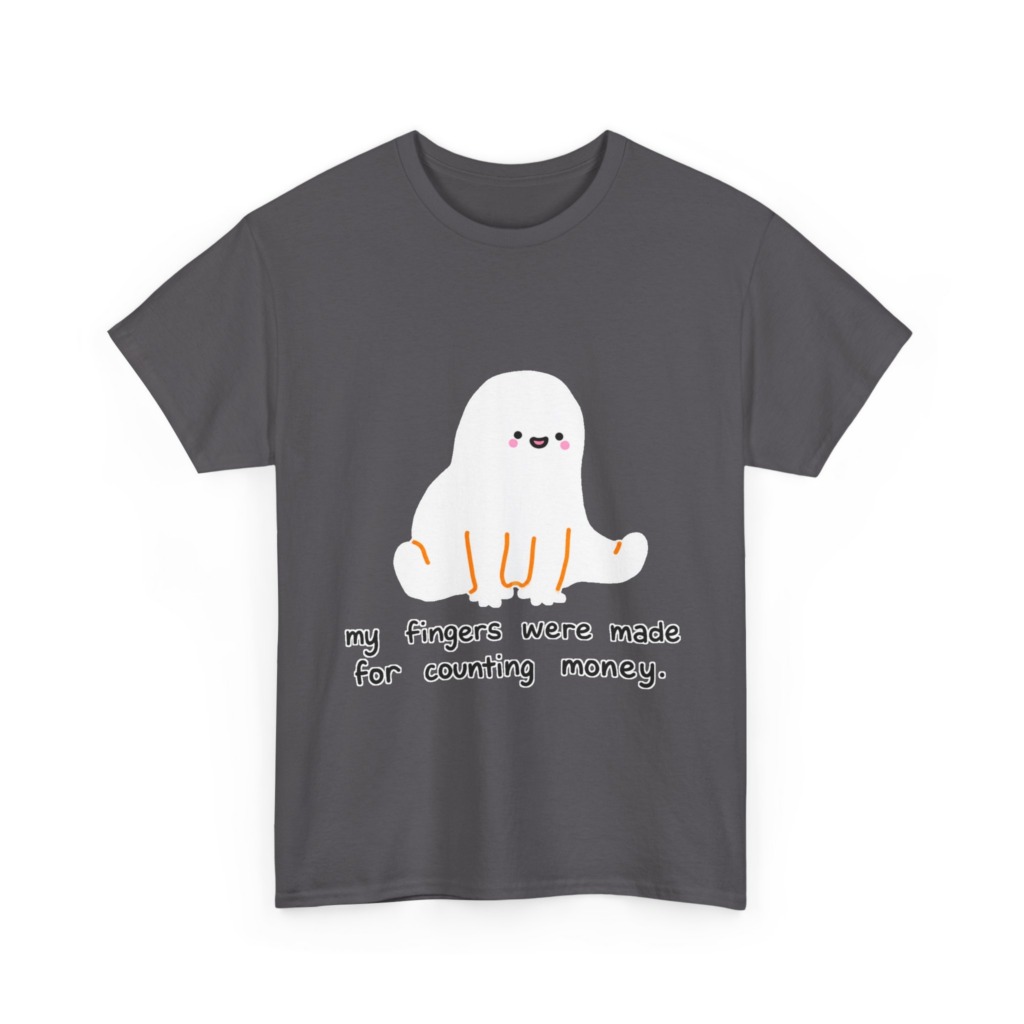 White T-Shirt with 'Counting Money Ghost' Graphic