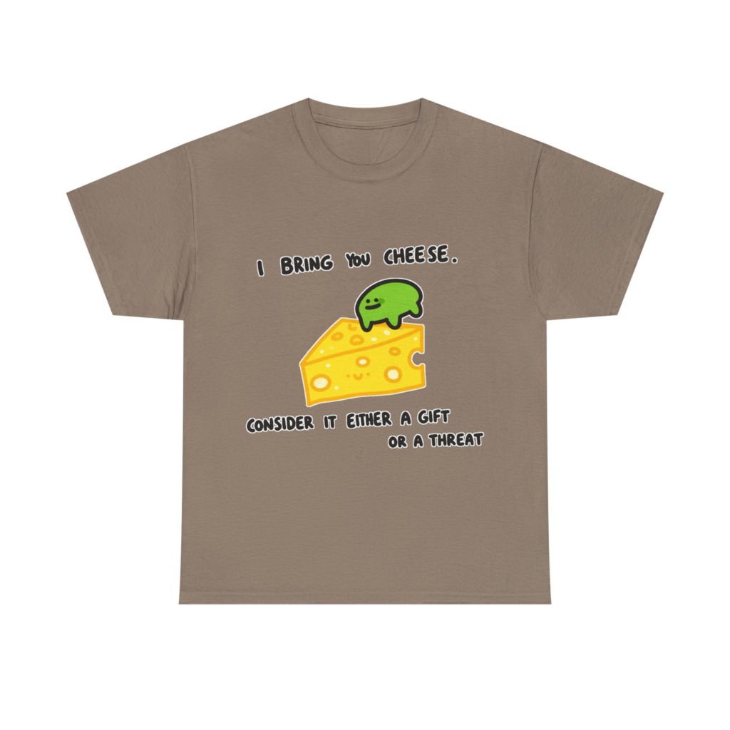 T-Shirt with Green Blob & Cheese 'Gift or Threat' Graphic