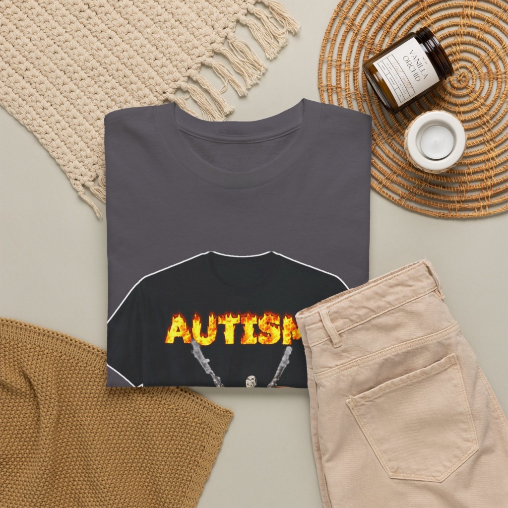 Black T-Shirt with Flaming Autism Text & Skeleton Guns