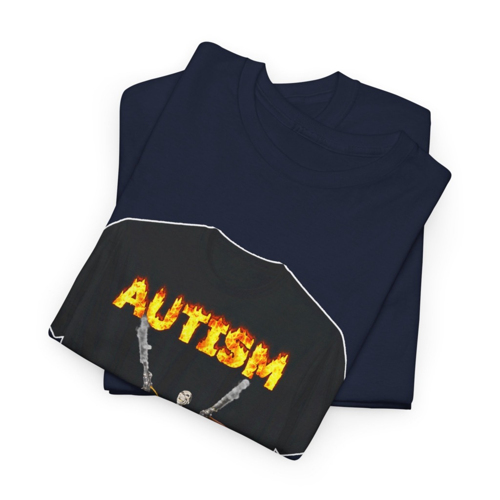 Black T-Shirt with Flaming Autism Text & Skeleton Guns