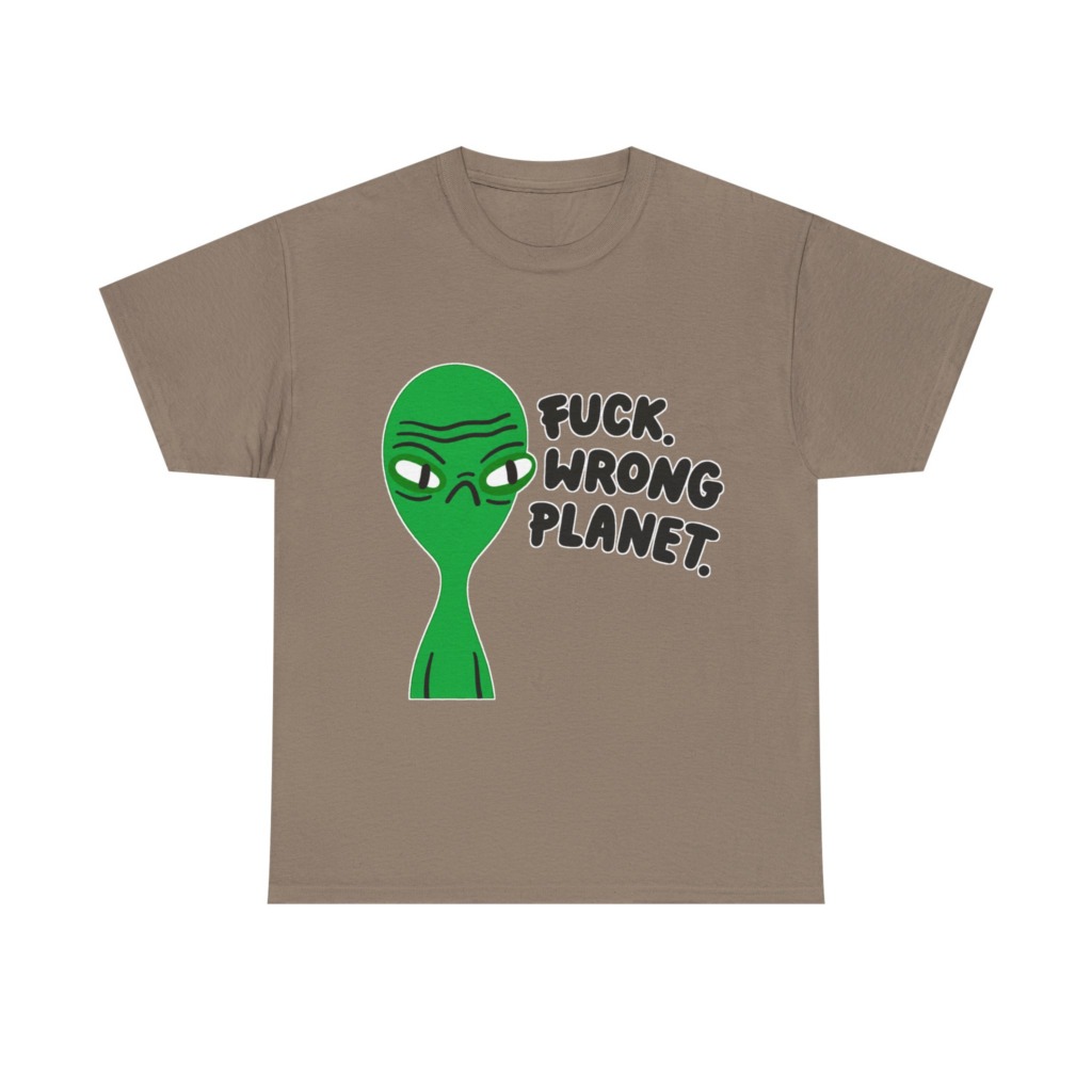 T-Shirt: Grumpy Green Alien 'Wrong Planet' Graphic Print