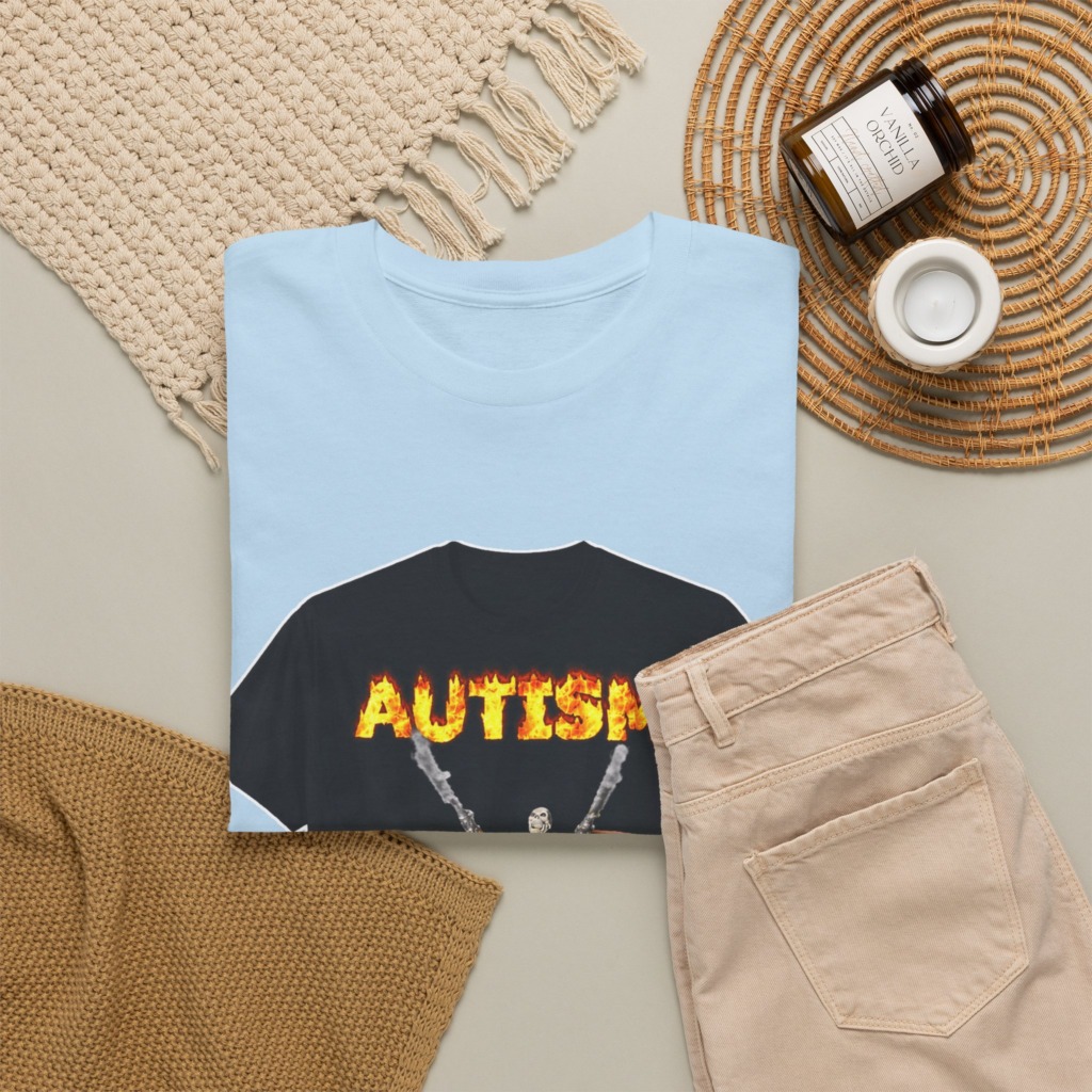 Black T-Shirt with Flaming Autism Text & Skeleton Guns