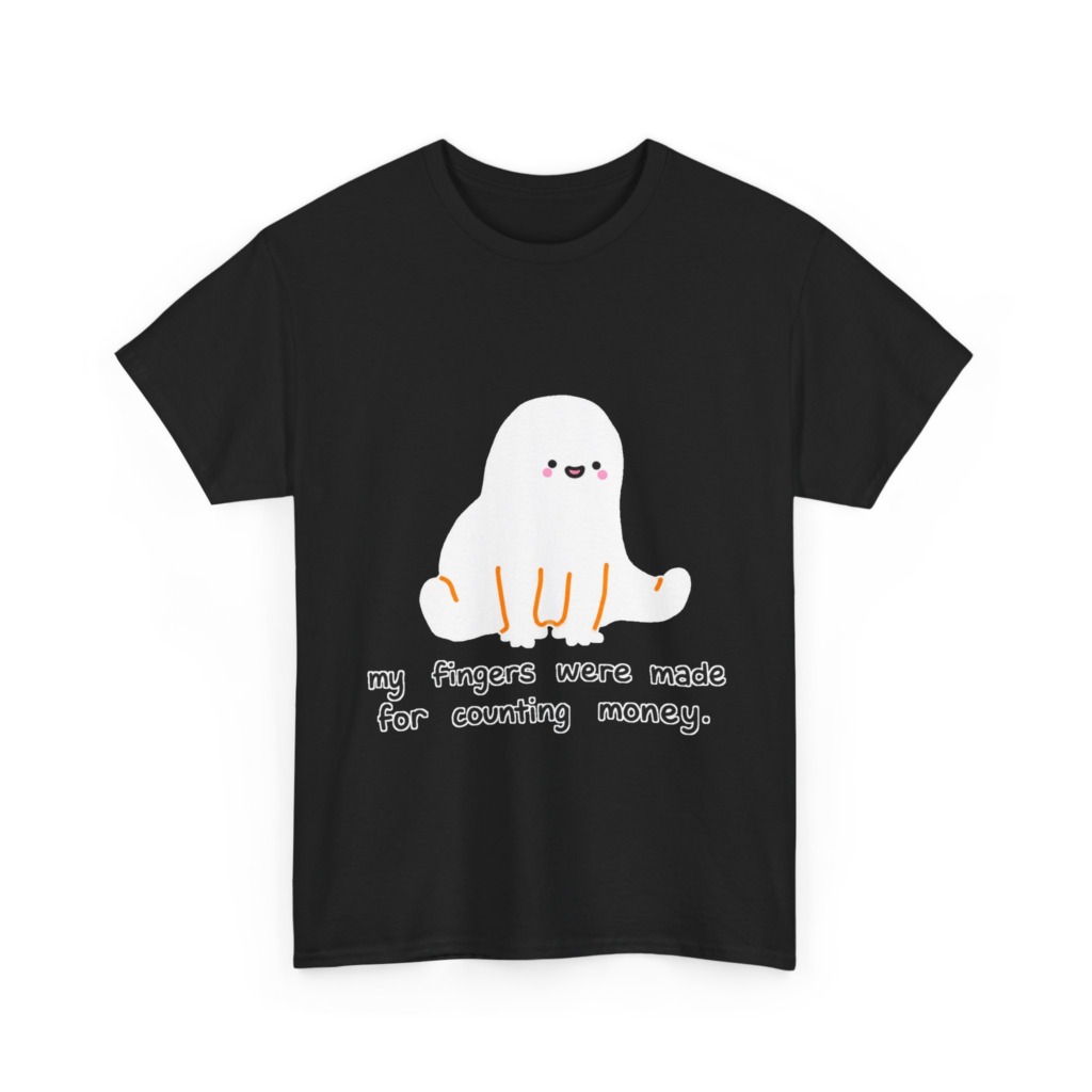 White T-Shirt with 'Counting Money Ghost' Graphic
