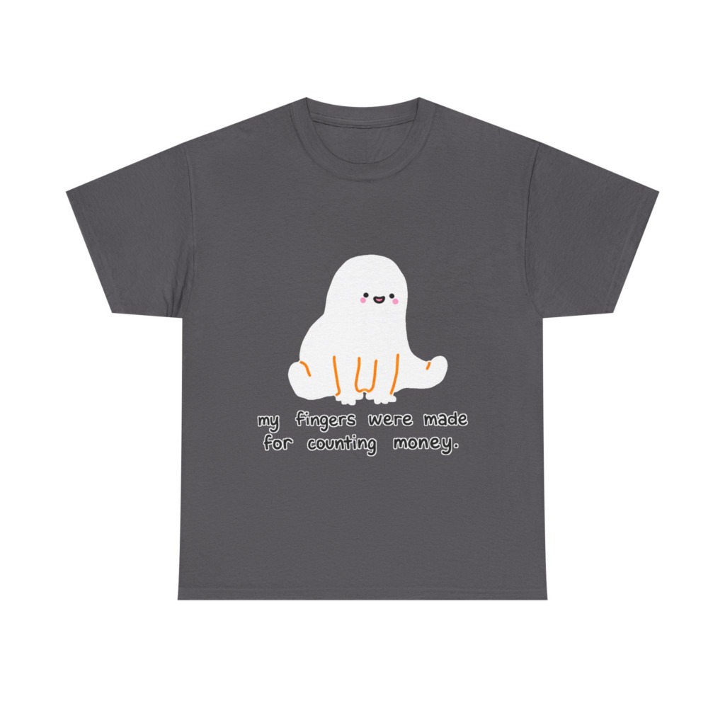 White T-Shirt with 'Counting Money Ghost' Graphic