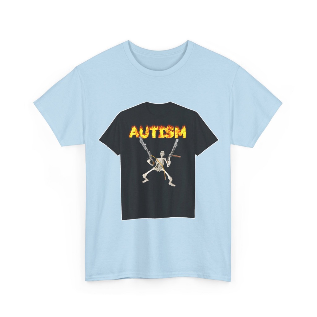 Black T-Shirt with Flaming Autism Text & Skeleton Guns