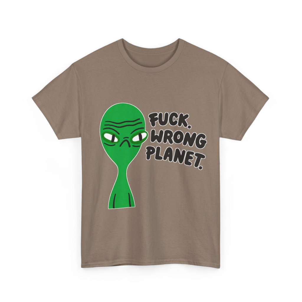 T-Shirt: Grumpy Green Alien 'Wrong Planet' Graphic Print