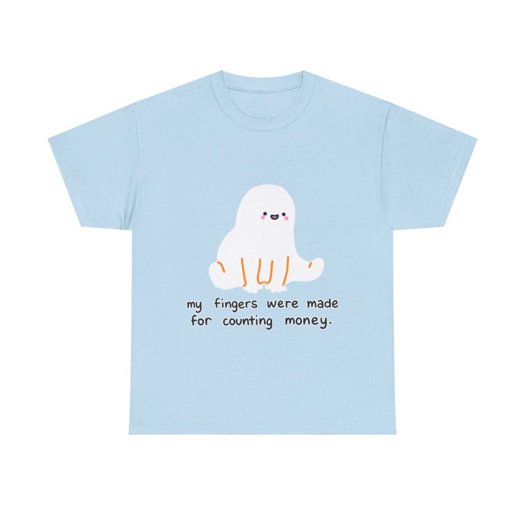White T-Shirt with 'Counting Money Ghost' Graphic