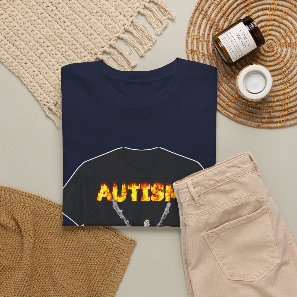 Black T-Shirt with Flaming Autism Text & Skeleton Guns