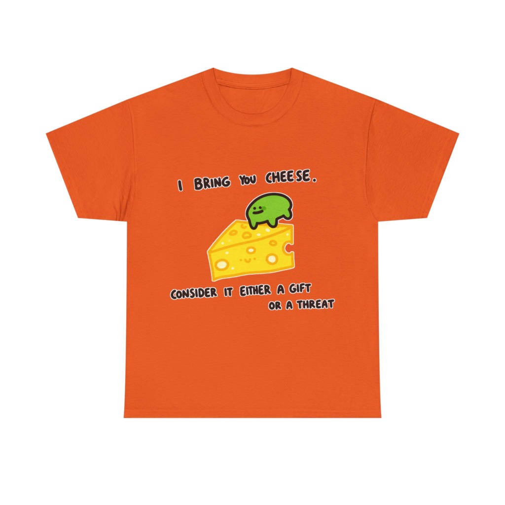 T-Shirt with Green Blob & Cheese 'Gift or Threat' Graphic