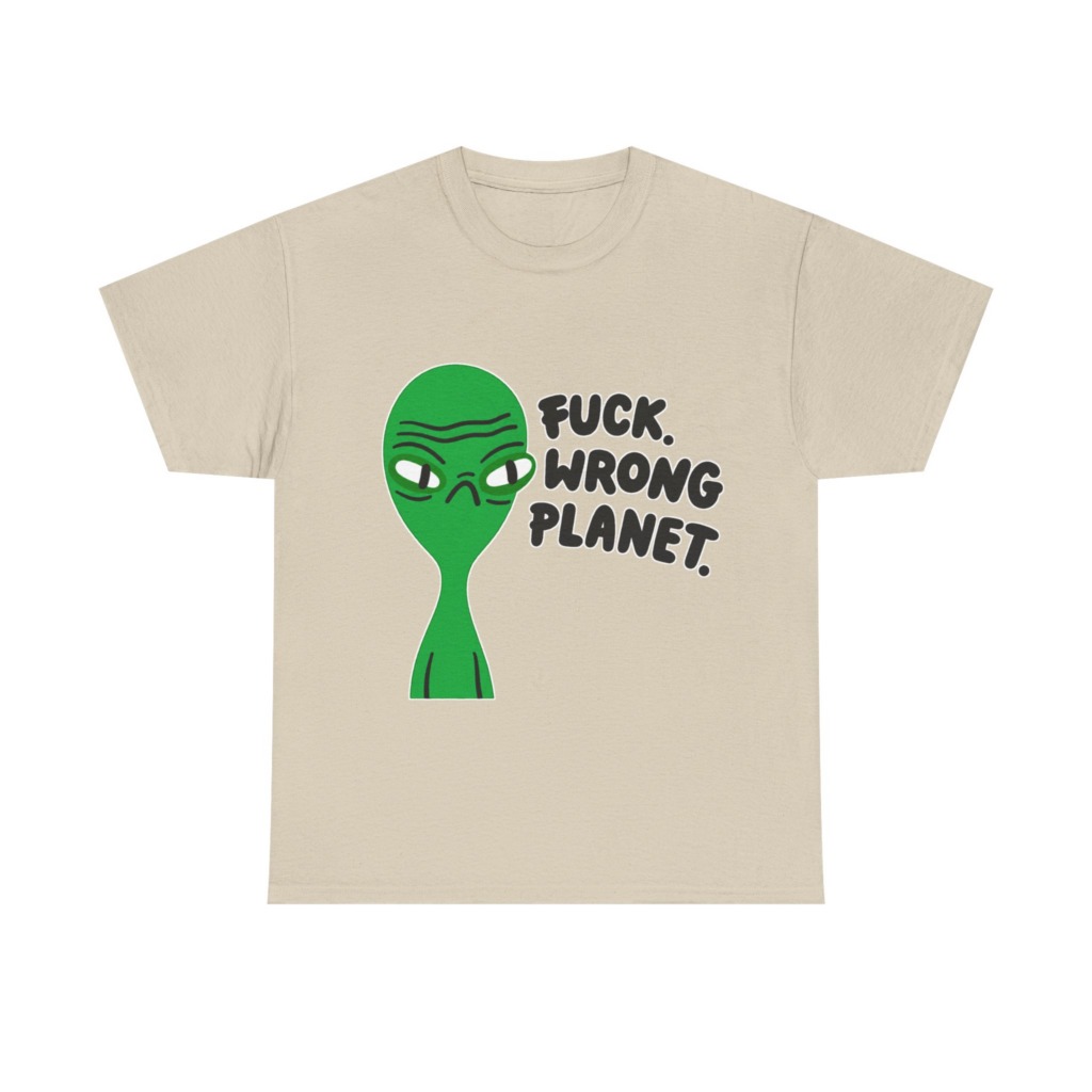 T-Shirt: Grumpy Green Alien 'Wrong Planet' Graphic Print
