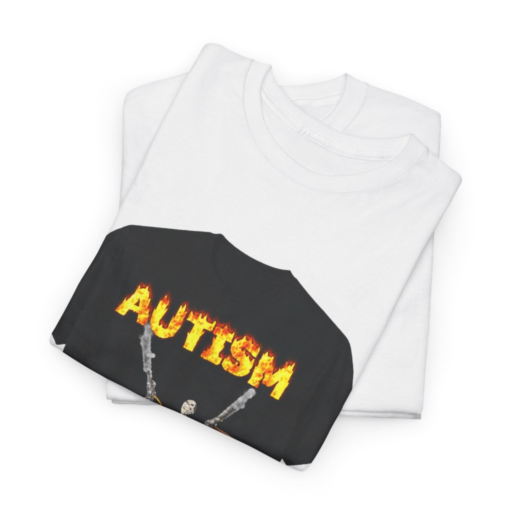 Black T-Shirt with Flaming Autism Text & Skeleton Guns
