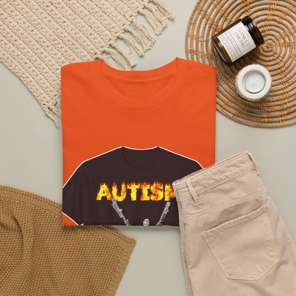 Black T-Shirt with Flaming Autism Text & Skeleton Guns
