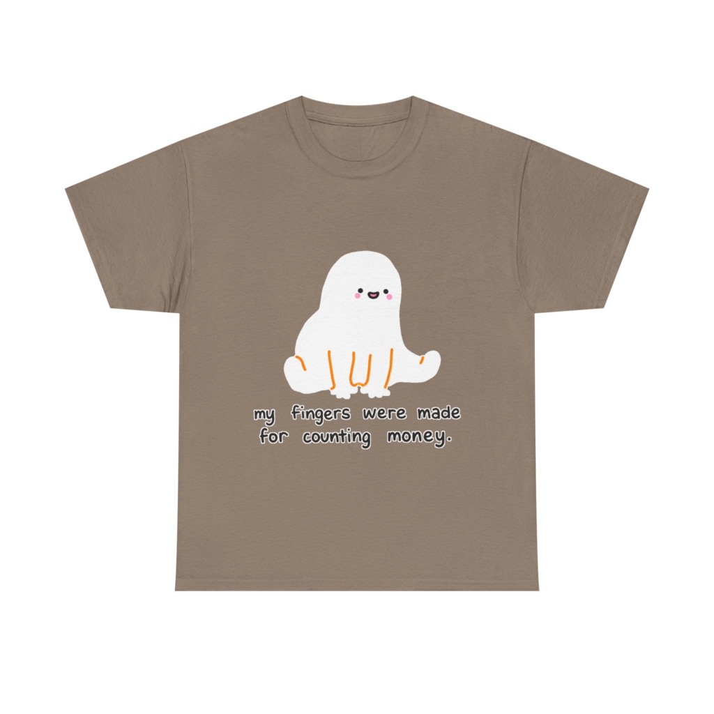 White T-Shirt with 'Counting Money Ghost' Graphic