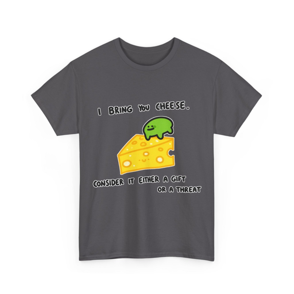 T-Shirt with Green Blob & Cheese 'Gift or Threat' Graphic
